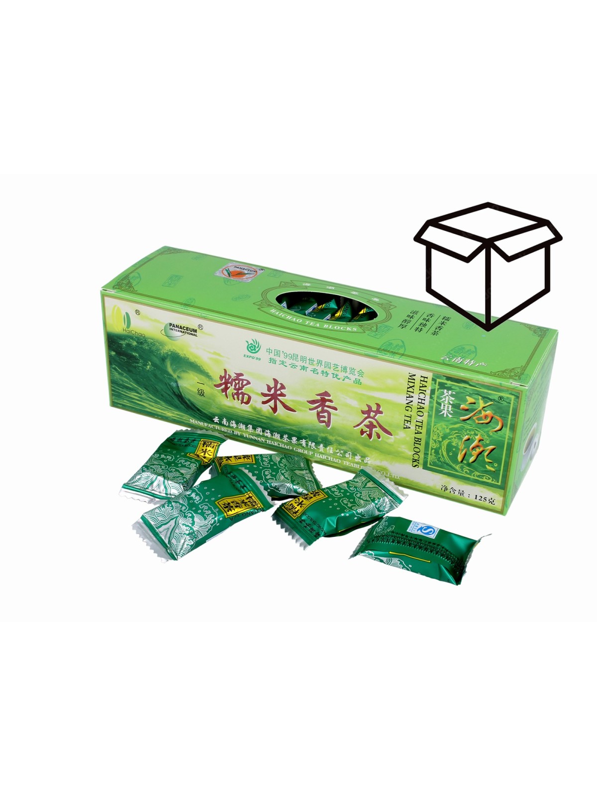 herbata zielona ryżowa Yunnan prasowana w kostkach Haichao Meridian 125g opakowanie zbiorcze